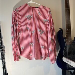 Zara Red and White Striped Blouse with Animal Motif